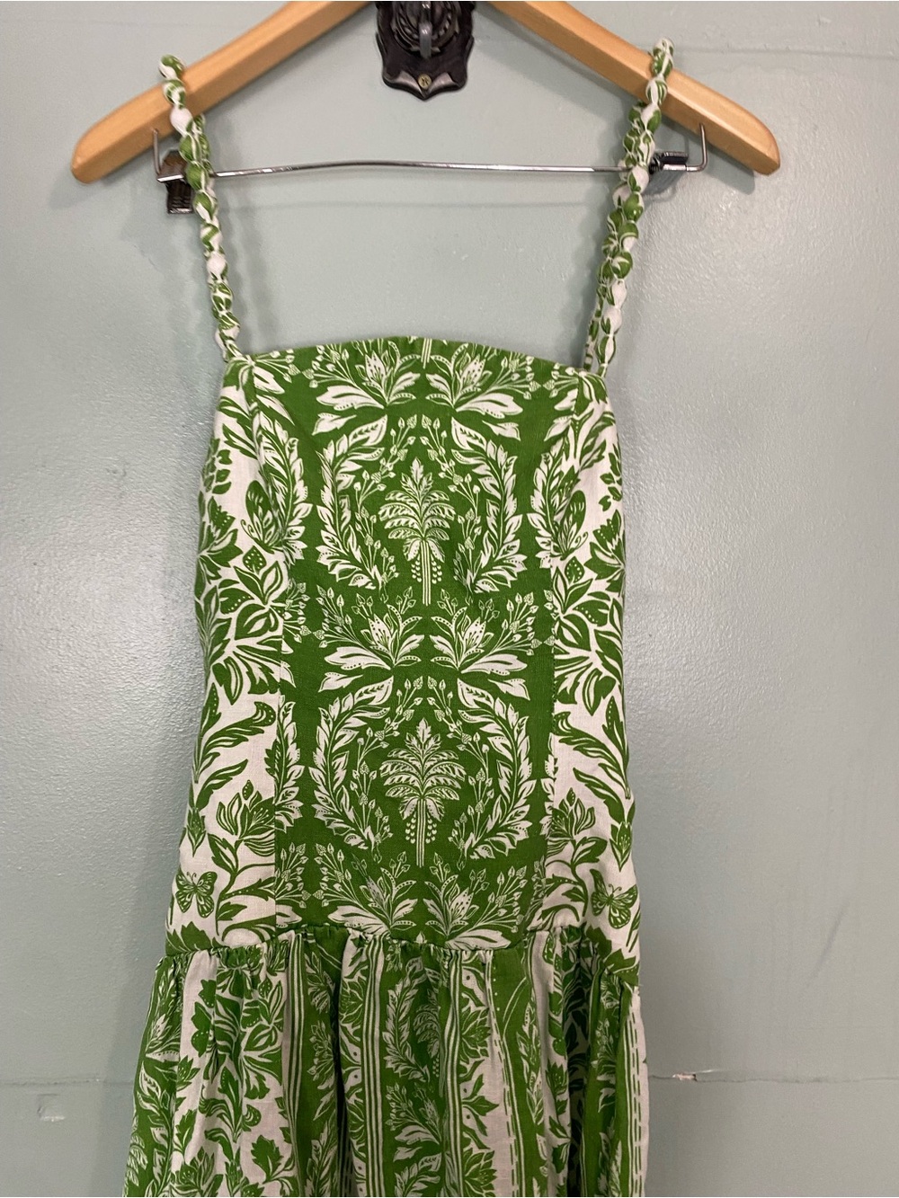Farm Rio Delicate Tapestry Linen Drop Waist Midi Dress Green Small - Picture 3 of 12